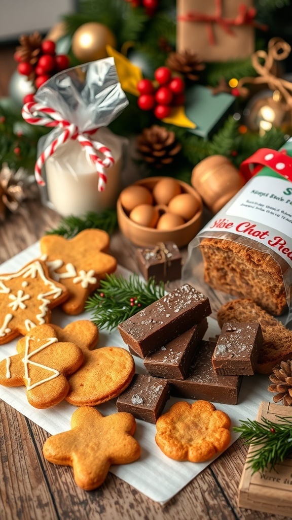 Homemade Christmas Baking Gifts A festive assortment of homemade Christmas baking gifts including gingerbread cookies, chocolate fudge, and spiced bread on a wooden table.